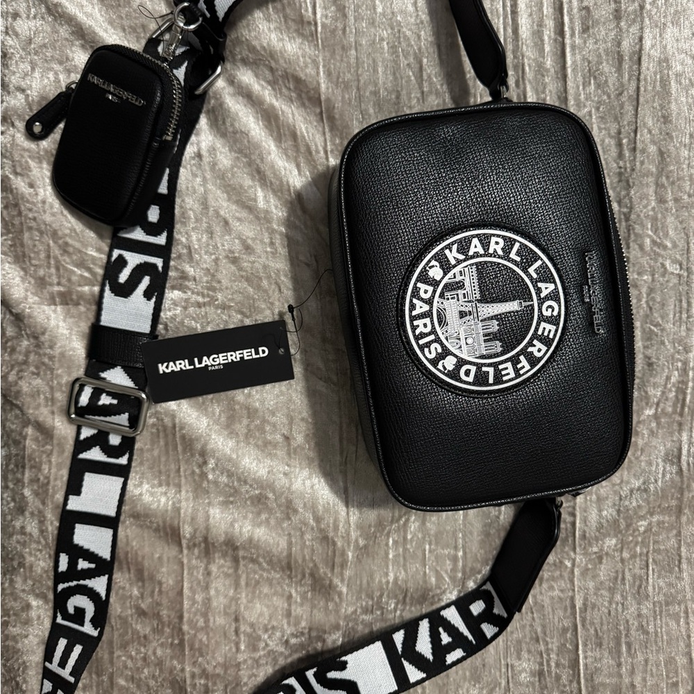 NEW Karl Lagerfeld Paris Maybelle Camera Crossbody Bag Guitar Strap Faux Leather